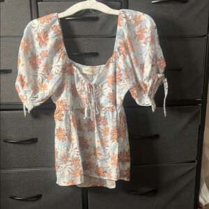 Peach Love California Cream Tie Front Puffed Sleeve Blouse